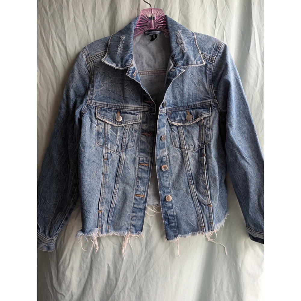 H&M Divided Denim Jacket Distressed Frayed Hem Light Wash‎ Jean Jacket XS